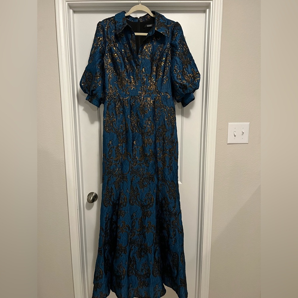 Badgley Mischka Metallic Brocade Jacquard Maxi Dress Blue Gold Puff Sleeve Dress - Picture 3 of 14